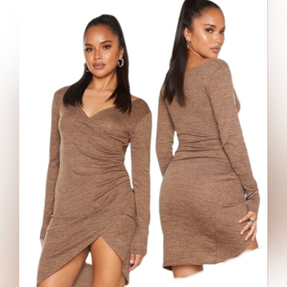 Choclate Ruched Wrap Detail Bodycon Dress